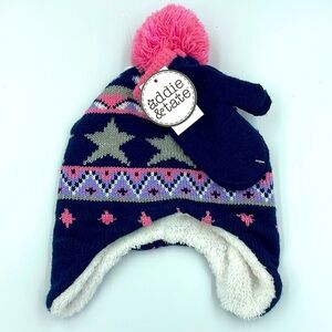 NWT Addie & Tate Hat Mitten Set Toddler Girl Blue Pink Stars Faux Fur Lining